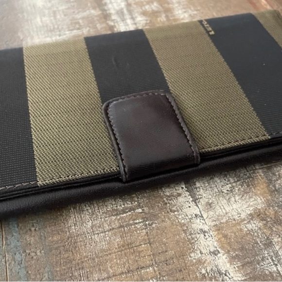 AUTH FENDI BROWN LEATHER/CANVAS  VERTICAL LINES VERY CLEAN WALLET CHAIN NOT/IN’D - Picture 8 of 9